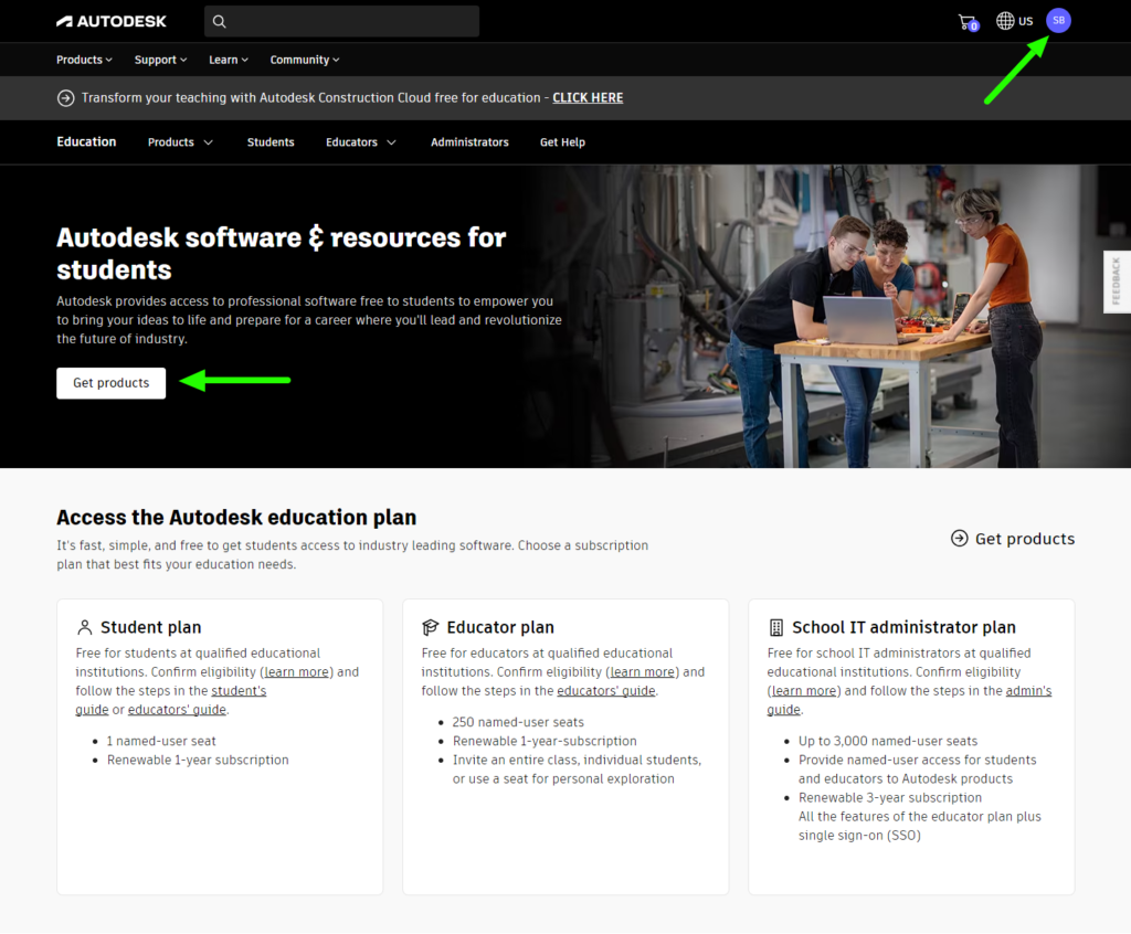 Autodesk Student Resources Page with GET ACCESS Button Highlighted.