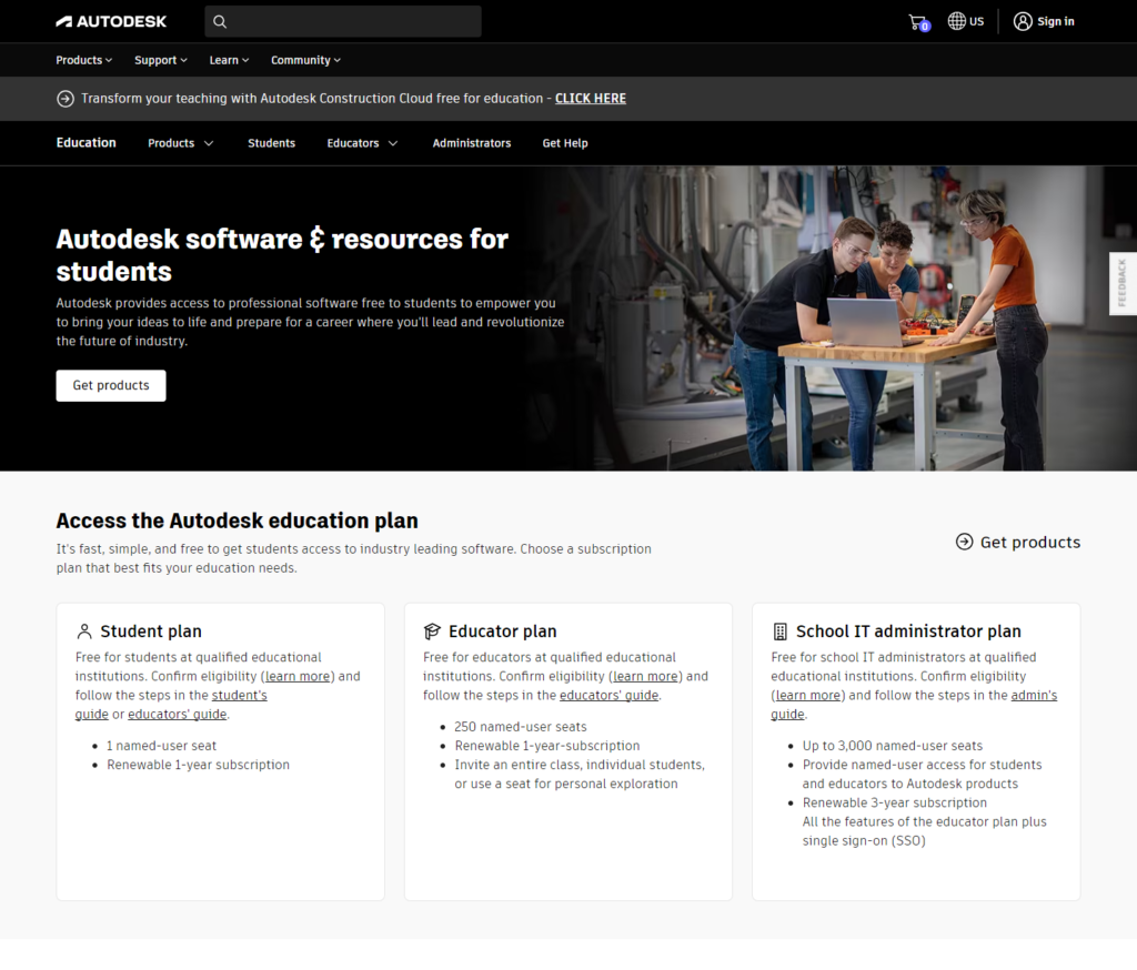 Autodesk Education page with AutoCAD Student Version