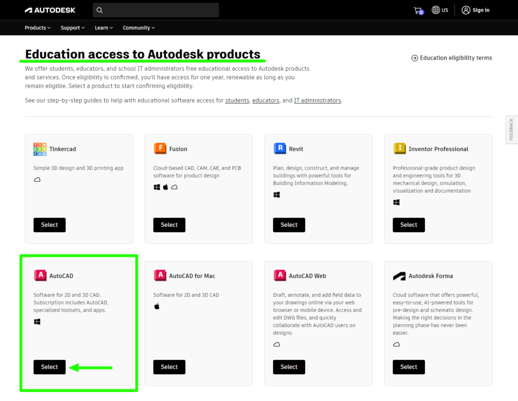 List of Autodesk Software for Educational Access, including AutoCAD, Revit, and Fusion 360.