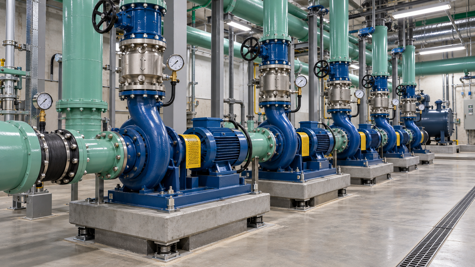 Bank of end-suction centrifugal chilled water pumps on inertia bases in a plant room, with suction guides, discharge check valves and pressure gauges visible