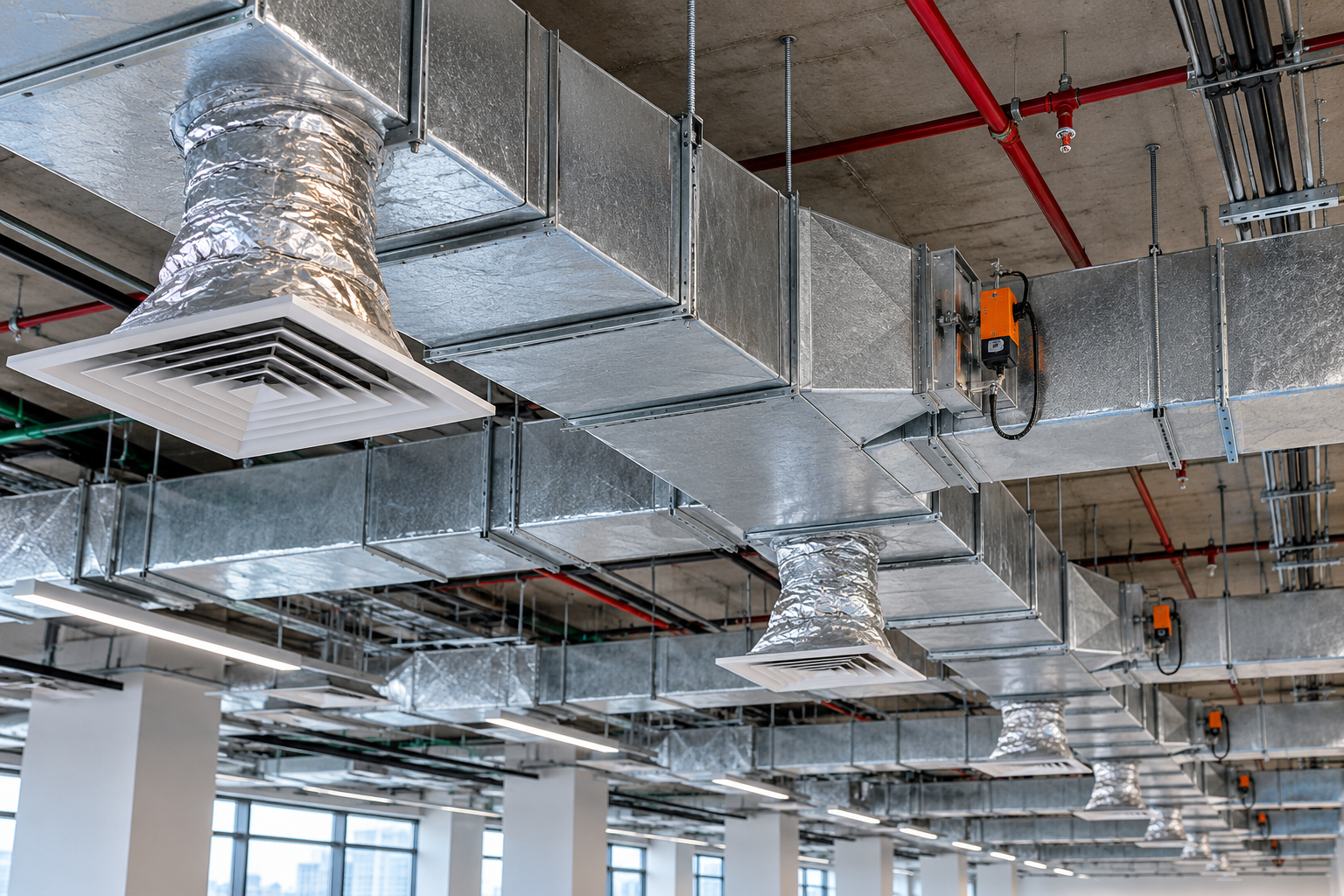 Rectangular galvanised supply ductwork with insulated branch takeoffs, volume control dampers and flexible connections to ceiling diffusers in a commercial ceiling void