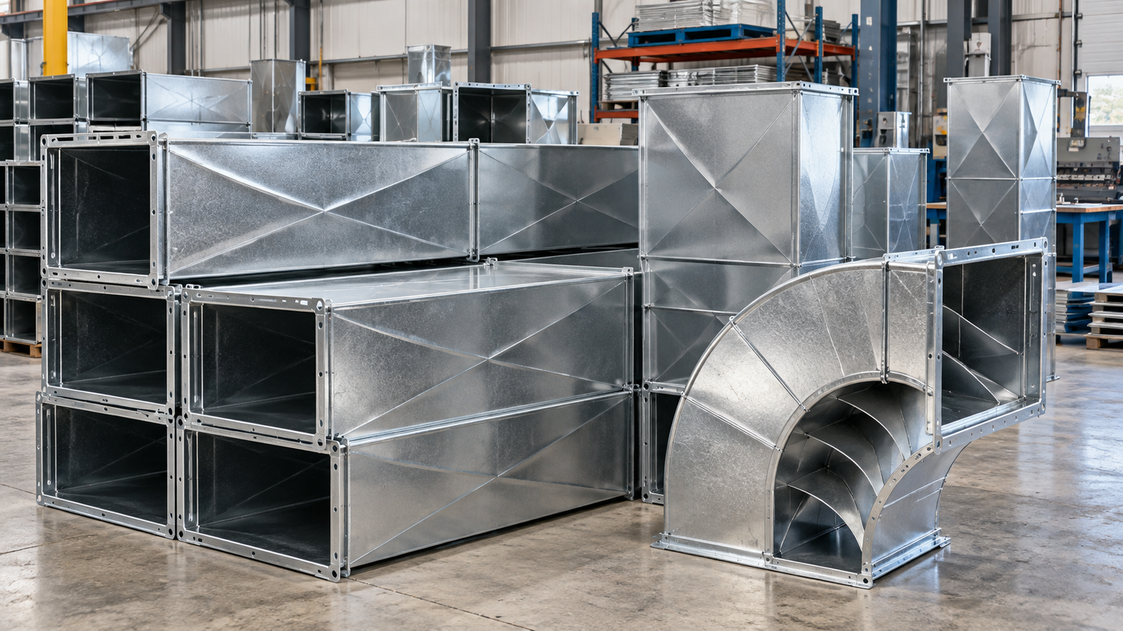 Fabricated galvanised steel rectangular ductwork with TDF flanged joints, cross-break stiffening and radius elbow with turning vanes, stacked in a fabrication shop