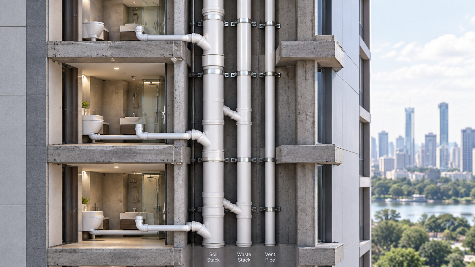 Vertical plumbing shaft in a residential tower showing PVC soil stack, waste stack and vent pipe with branch connections and clamps at each floor level