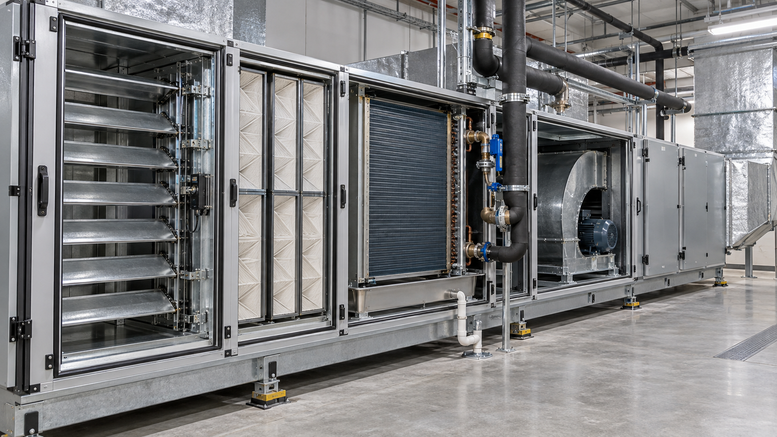 Horizontal air handling unit in a plant room with access doors open along its length, showing the mixing box, filter section, chilled water cooling coil with valve set and the fan section in sequence, with clear space in front of the unit for coil withdrawal