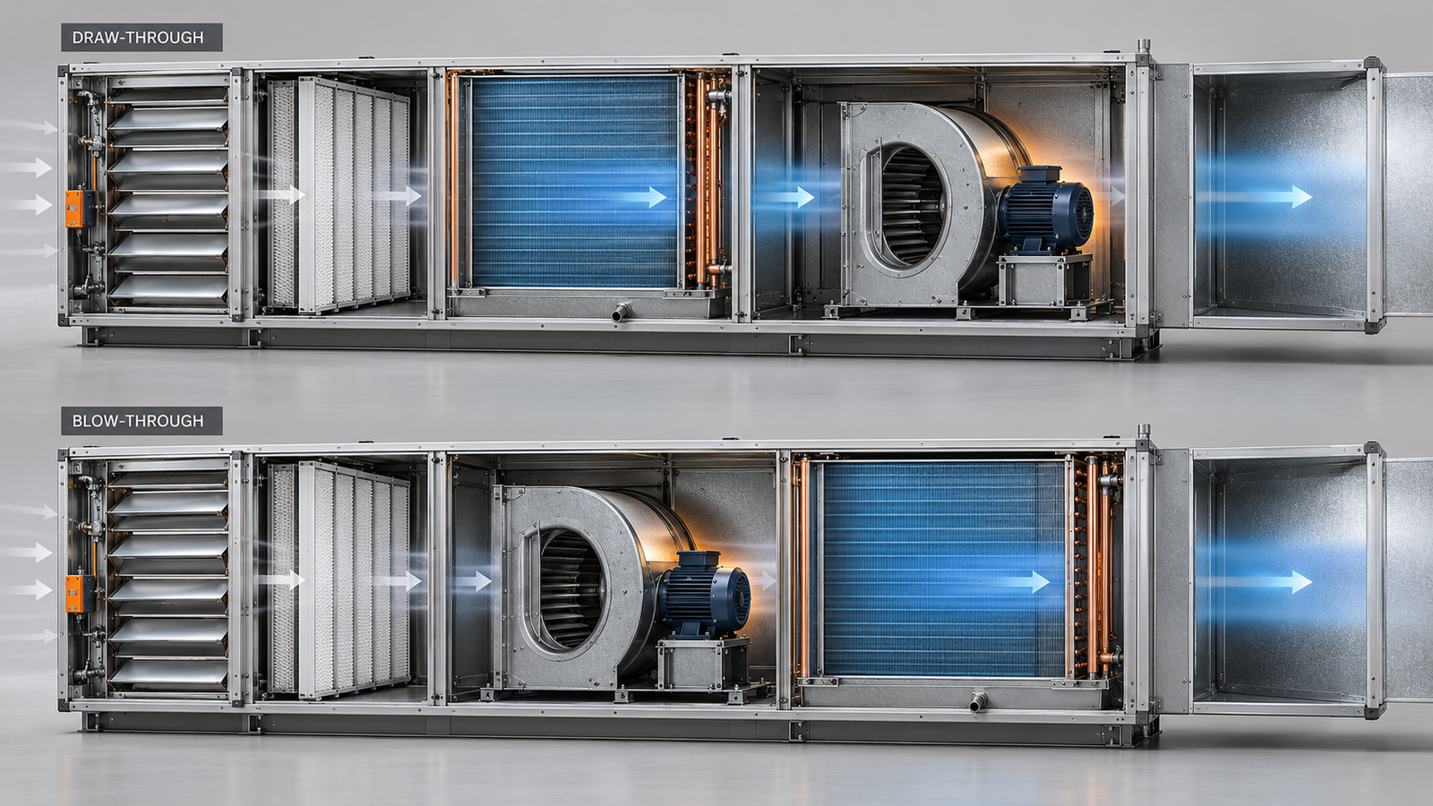 Two stacked AHU section schematics comparing fan position. The draw-through arrangement places the fan after the cooling coil with fan heat added to already cooled supply air, showing even airflow arrows across the coil face. The blow-through arrangement places the fan before the coil so fan heat is removed by the coil, showing uneven airflow arrows across the coil face