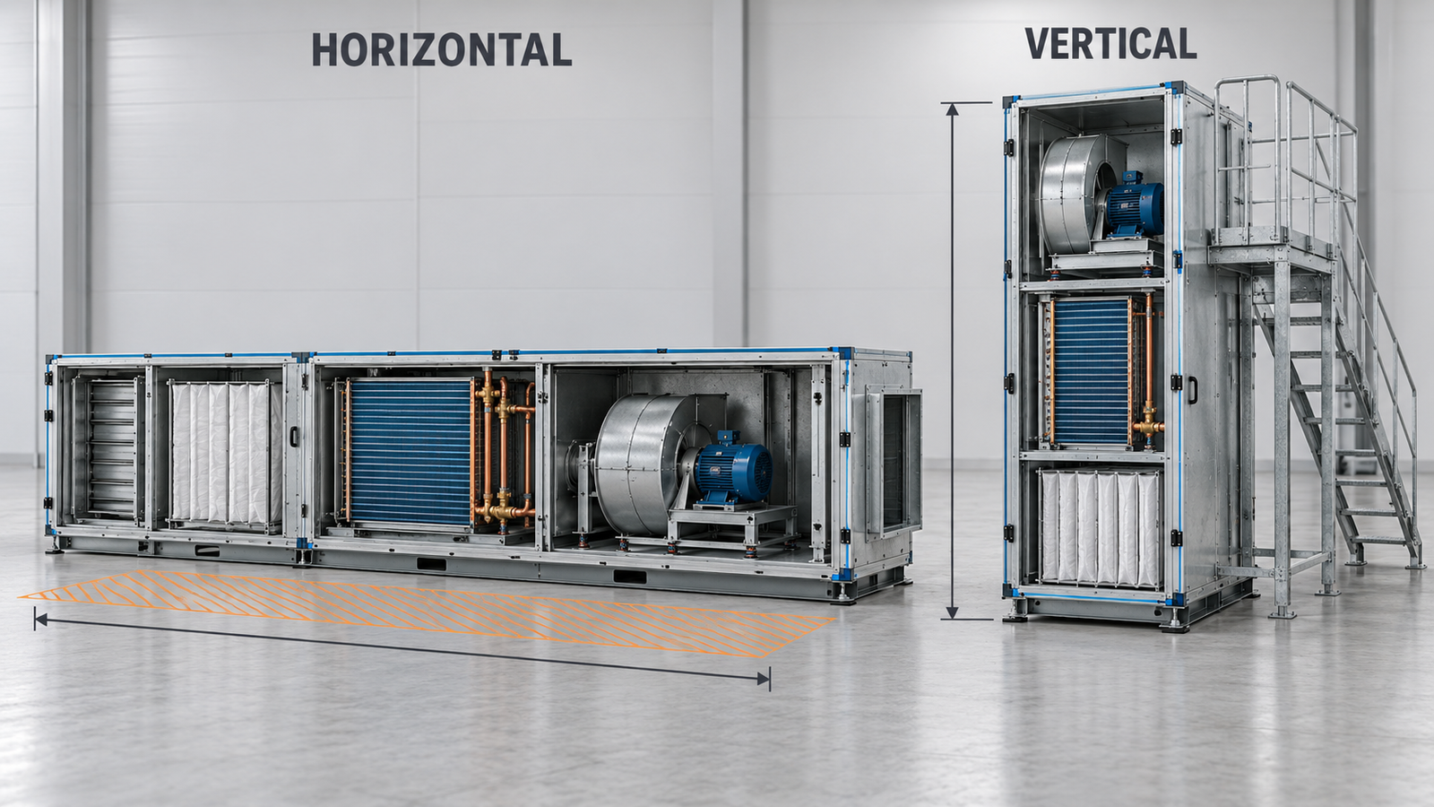Side by side comparison of the same AHU sections arranged horizontally and vertically, drawn to the same scale, with the horizontal unit dimensioned for floor length and hatched coil pull-out clearance alongside, and the vertical unit dimensioned for height with a smaller floor footprint and a high level service platform