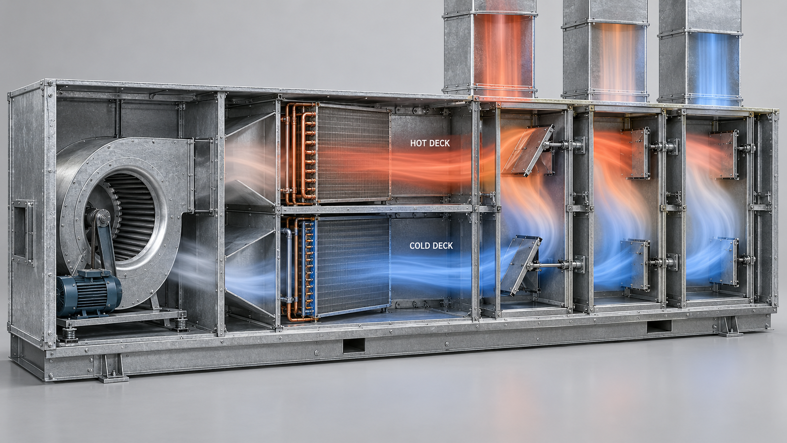 Schematic of a traditional multi-zone air handling unit showing one fan feeding a hot deck with heating coil and a cold deck with cooling coil in parallel, with a pair of opposed mixing dampers per zone at the discharge blending heated and cooled air, and a separate duct leaving the unit for each zone