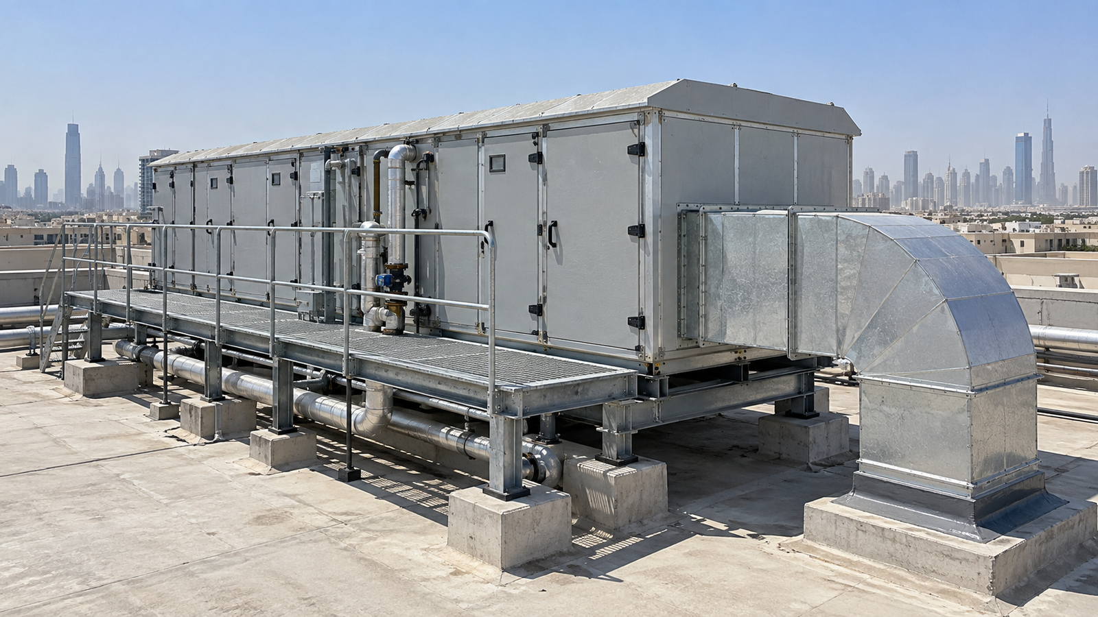 Weatherproof double-skin rooftop air handling unit installed on an exposed roof in daylight, showing the sealed casing, access doors with a service walkway in front, and the supply duct dropping through the roof slab