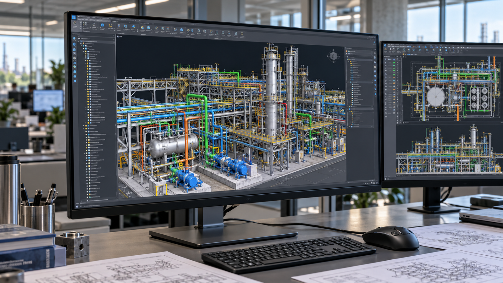 Intergraph Smart 3D piping model displayed on a workstation monitor in an engineering design office, showing a multi-discipline plant model with pipe racks, equipment and structural steel