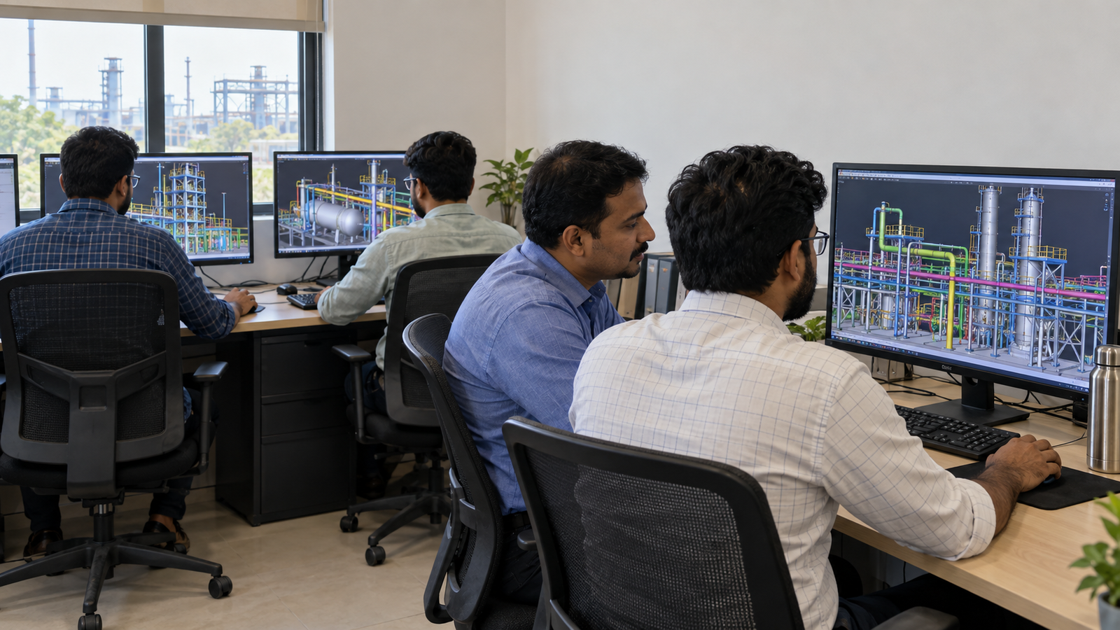 Learners working at workstations in a piping design lab with 3D plant models on their screens and an instructor assisting at one of the machines