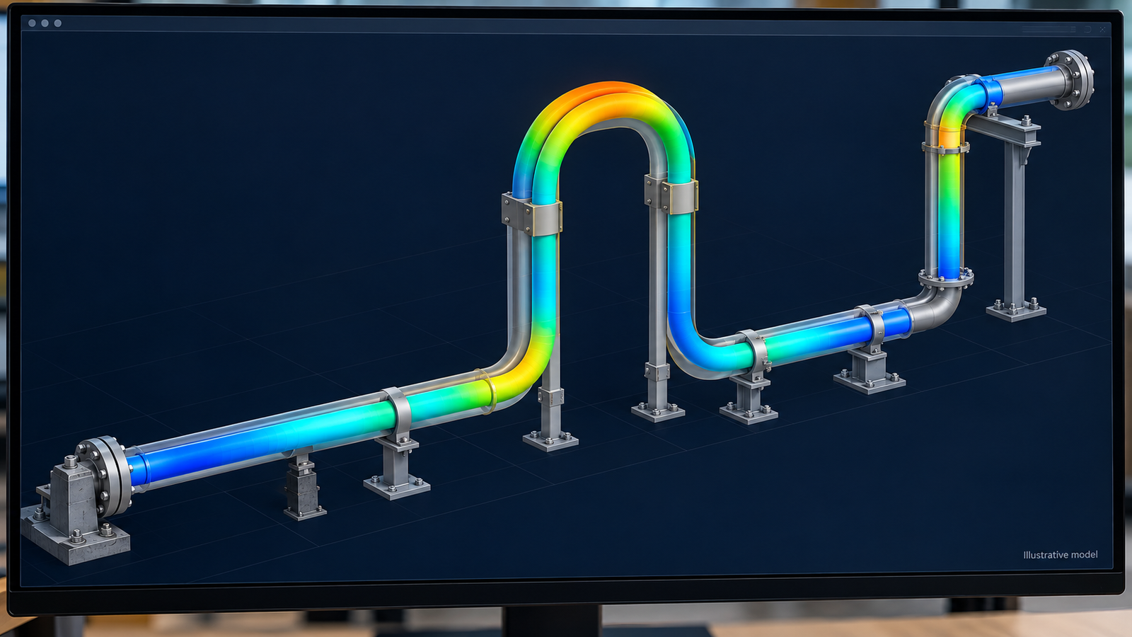 CAESAR II pipe stress analysis model on screen showing a piping system with supports and restraints and the displaced shape from thermal expansion overlaid on the undeformed geometry