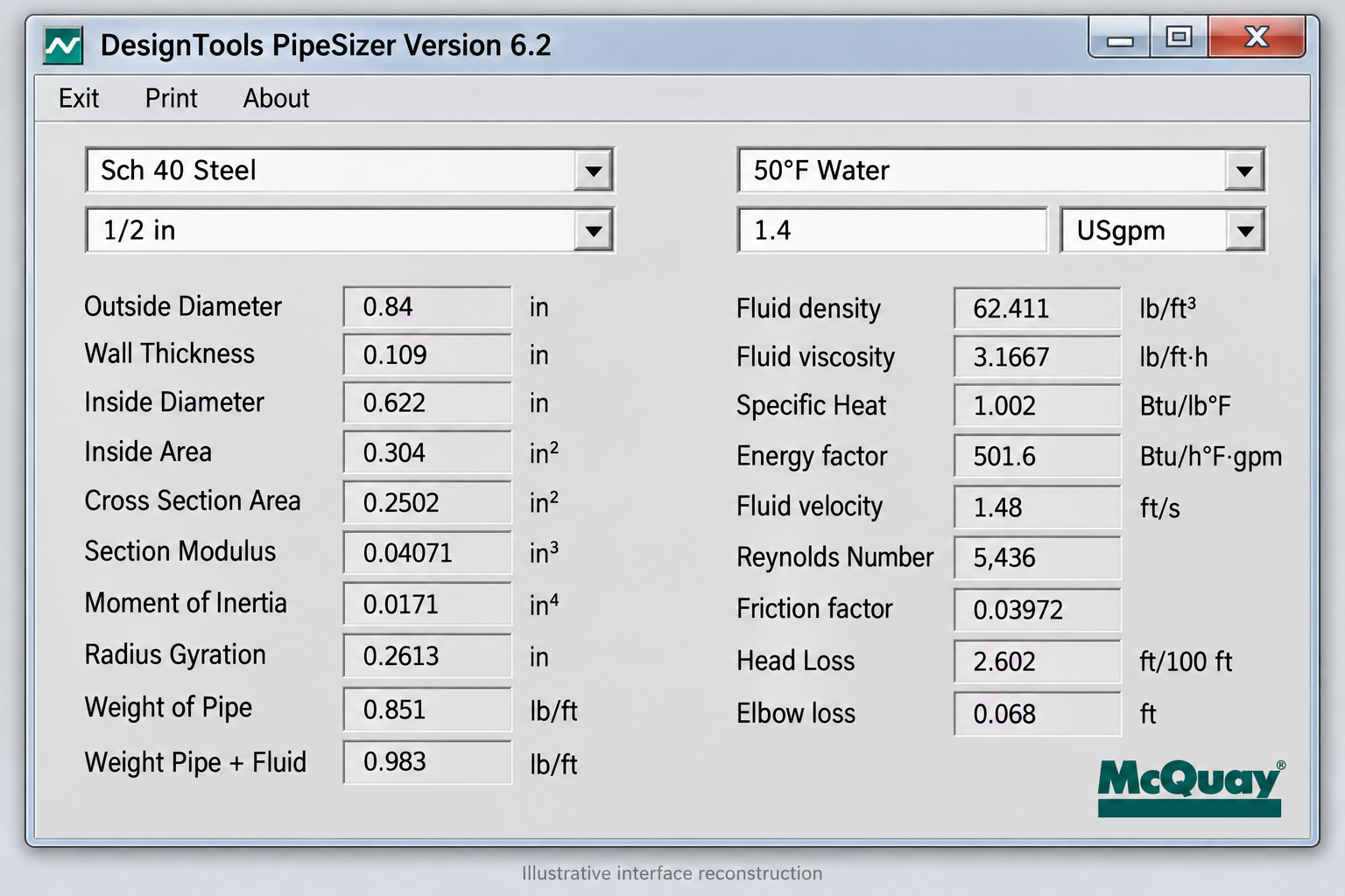 McQuay Pipe Sizer main window running on Windows 11, showing the pipe sizing input panel with fluid, flow rate and pipe material fields and the calculated results area