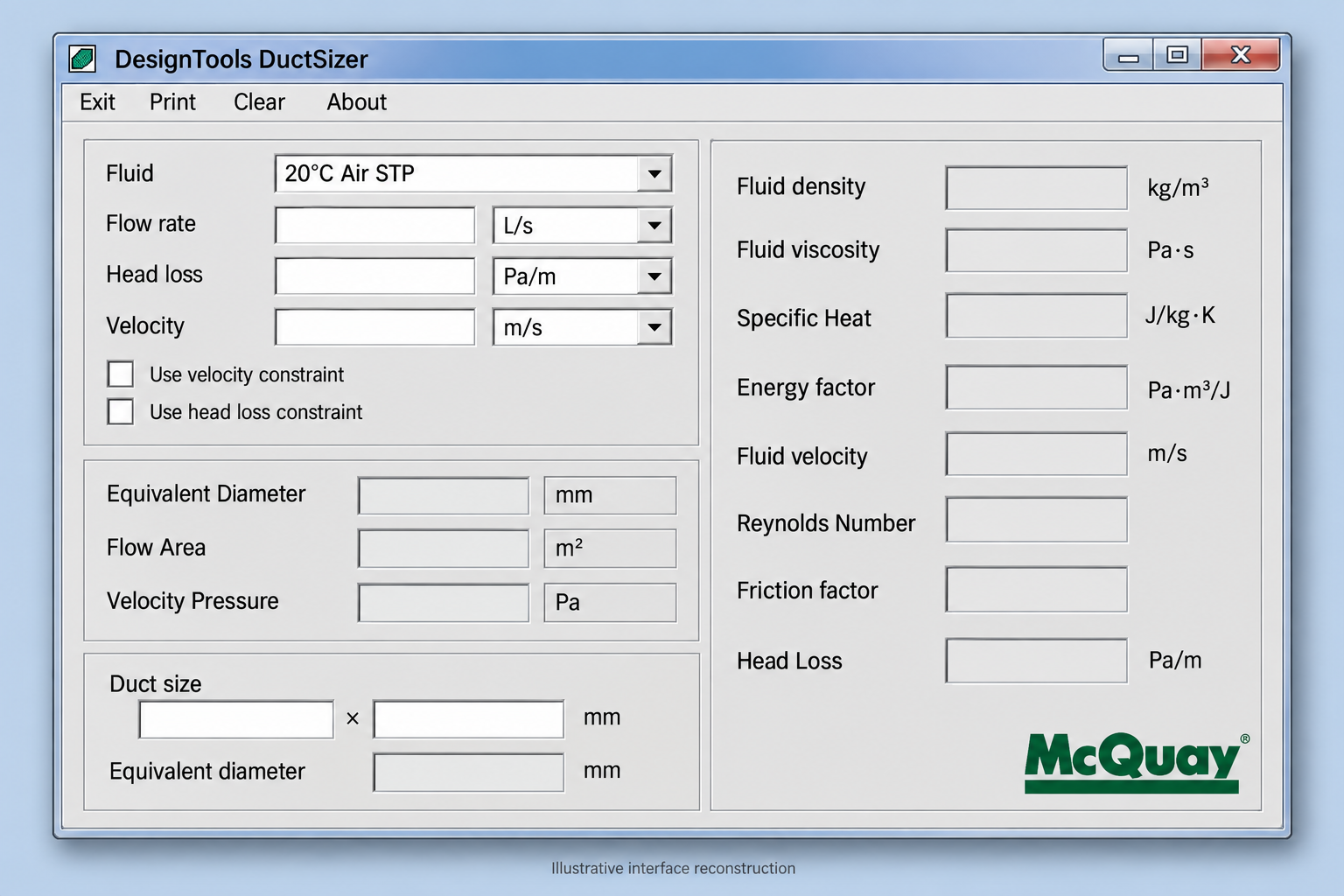 McQuay Duct Sizer main window running on Windows 11, showing the airflow input field, friction rate and velocity options, and the calculated round and rectangular duct size results