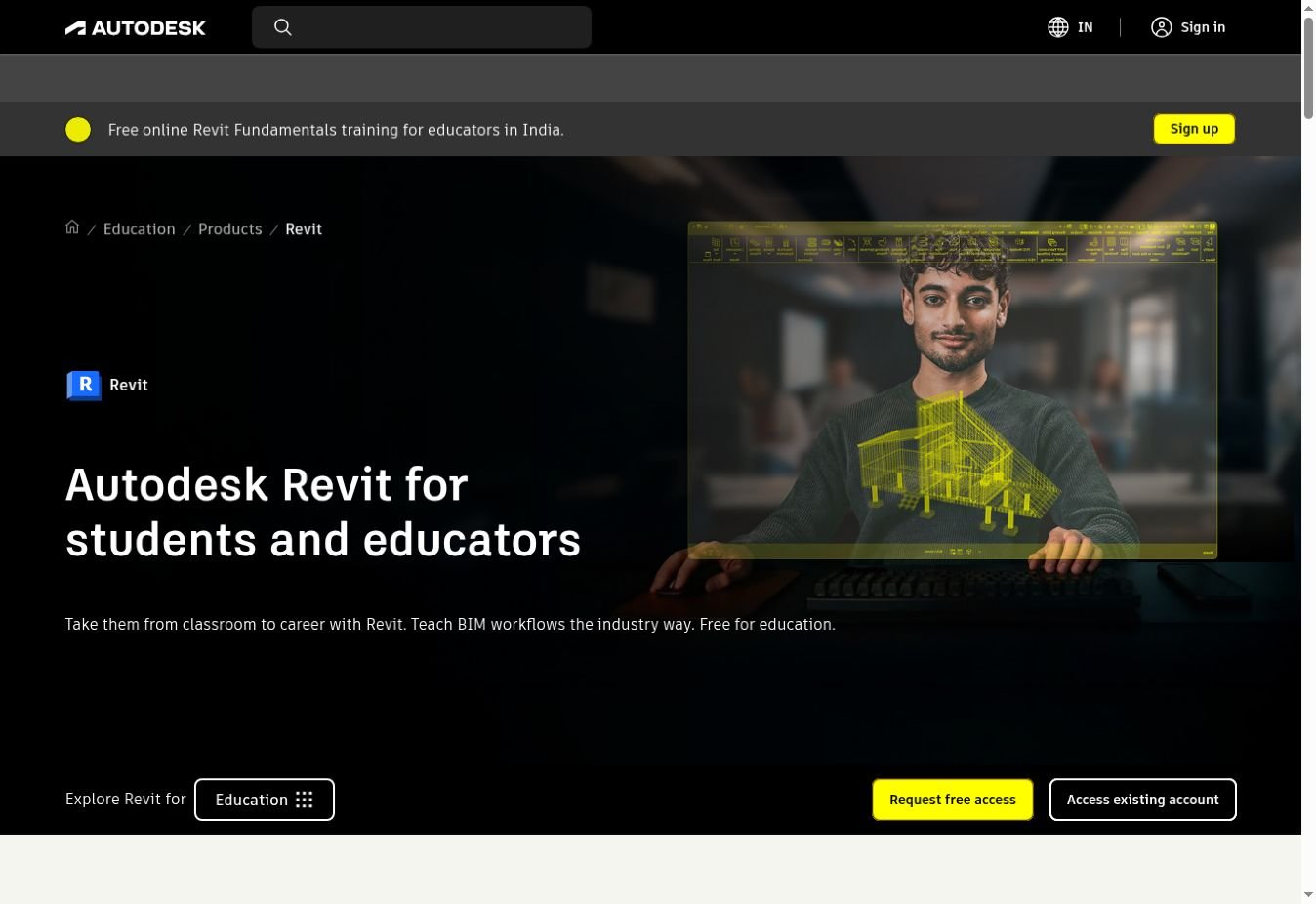 Current Autodesk Revit education page with Request free access