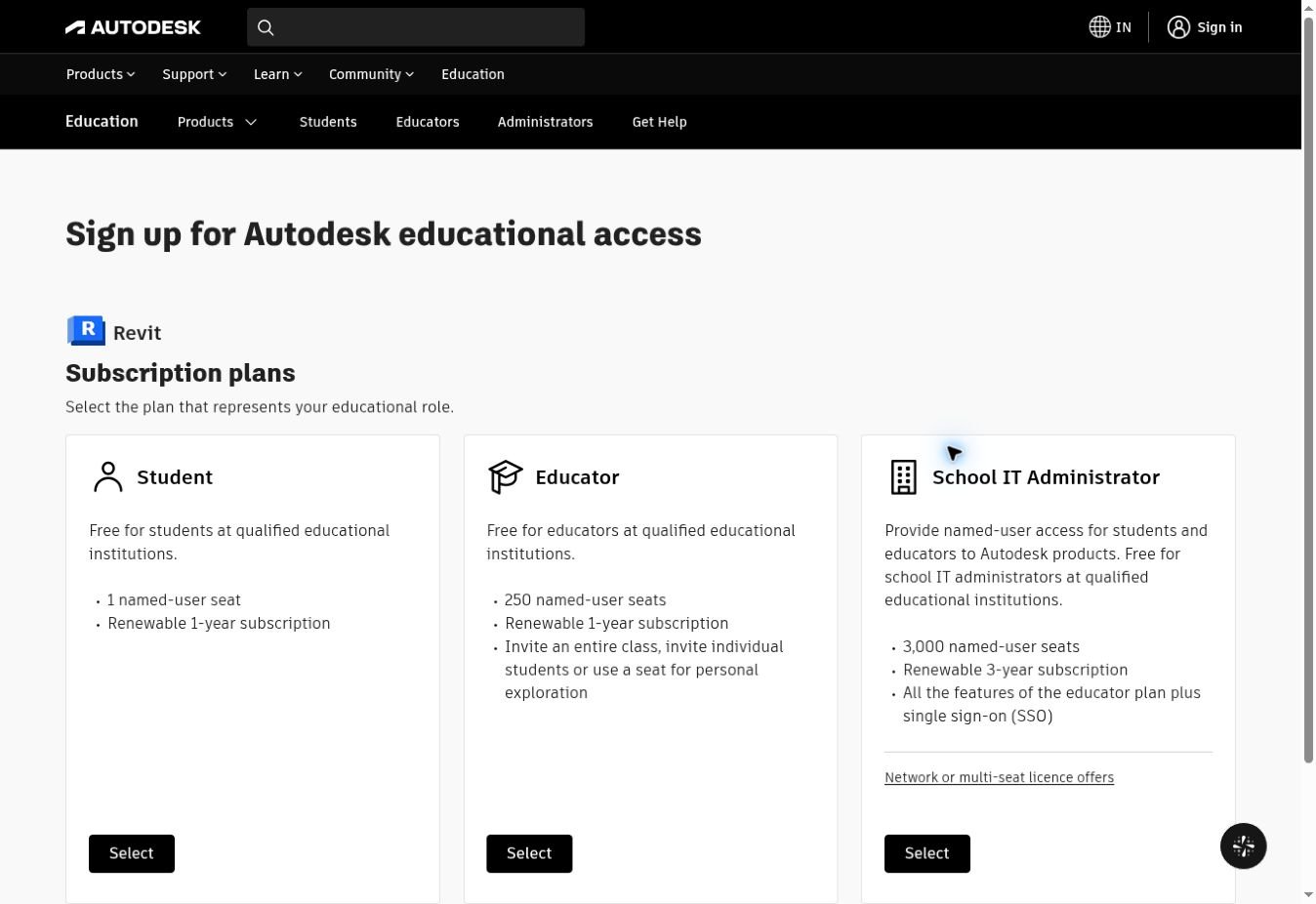 Current Revit education subscription plans with Student Select