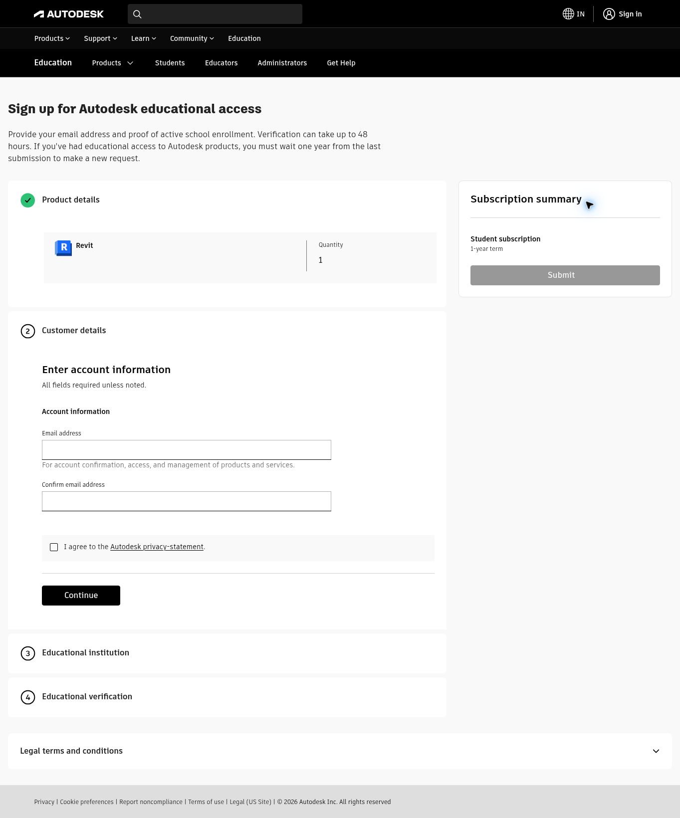Current Revit educational application showing account details and verification sections