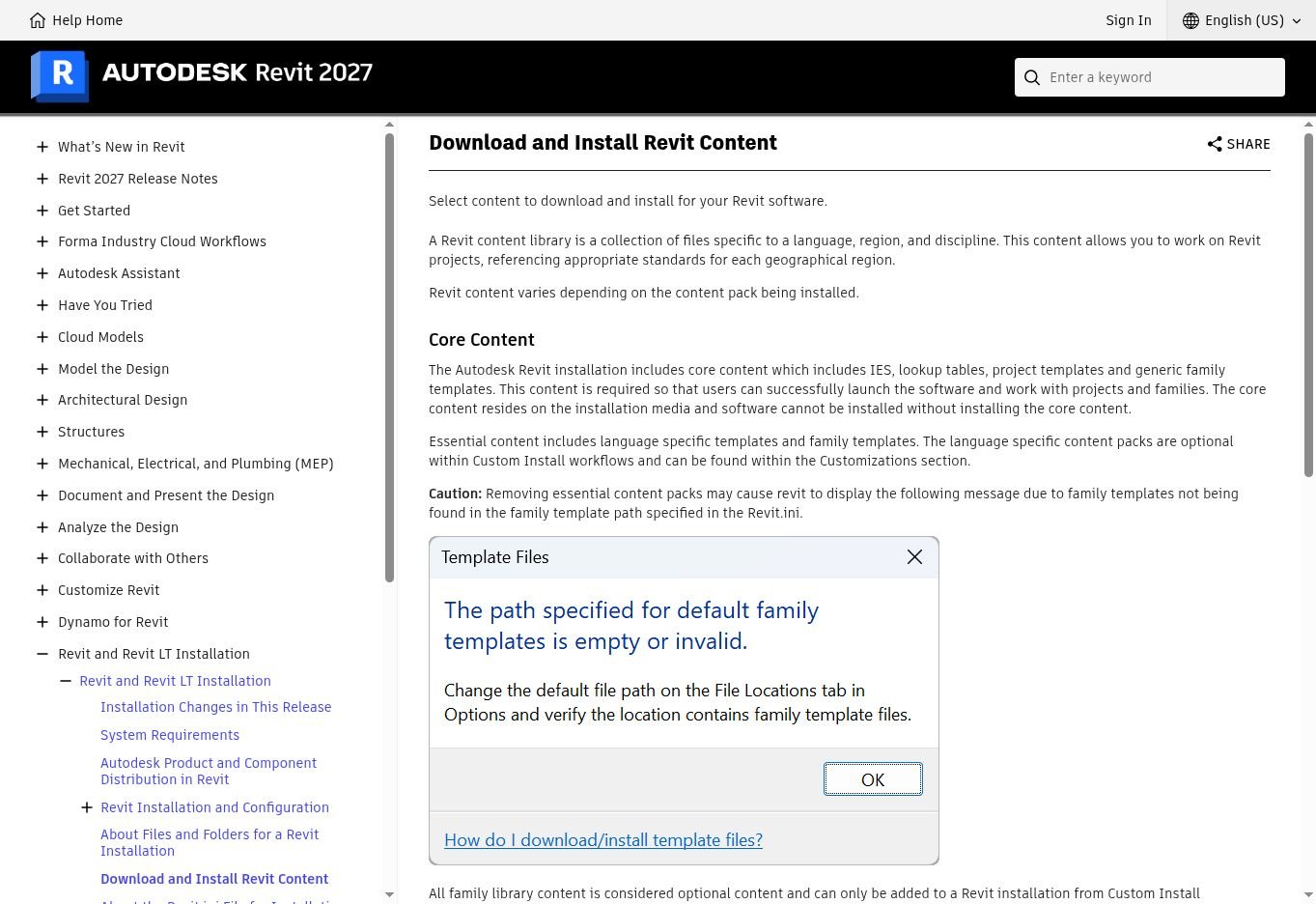 Current Autodesk Revit 2027 Help page about content and missing templates