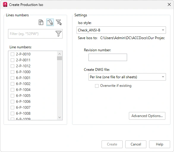 The 2027 Create Production Iso dialog includes Create DWG file, with grouping by line or individual sheet.