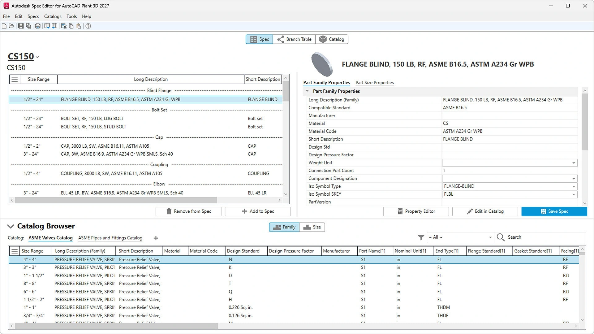 Spec Editor for AutoCAD Plant 3D 2027: the project spec above and catalogue browser below.