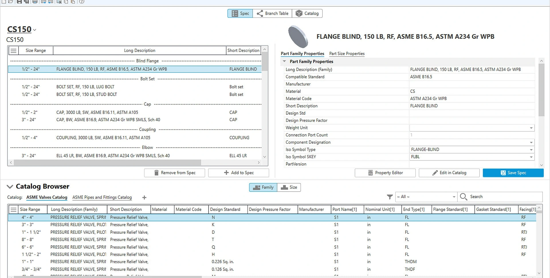 Inspect the specification and its available sizes in Spec Editor 2027 before testing a pipe route.