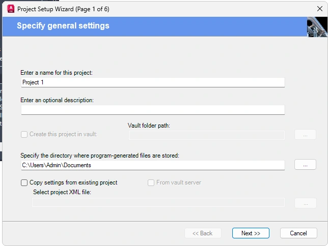 Enter the project name, location and optional source project. Detail from Autodesk’s 2027 Help illustration.