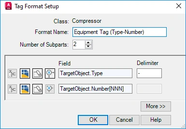 Equipment tag-format configuration from Autodesk’s 2027 Help. Define the required fields before placing tagged equipment.