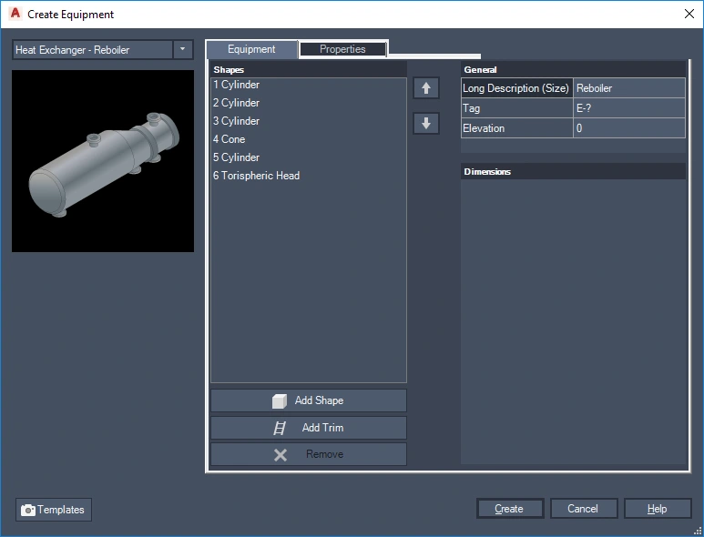 Create Equipment: select a parametric equipment type and define its geometry. Illustration from Autodesk’s 2027 Help.