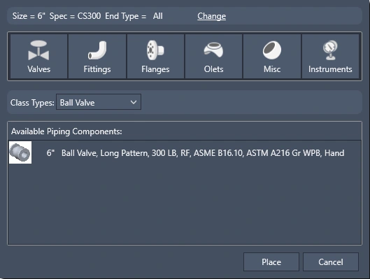 Part Placement: choose a valve category, class and available spec component. Illustration from Autodesk’s 2027 Help.