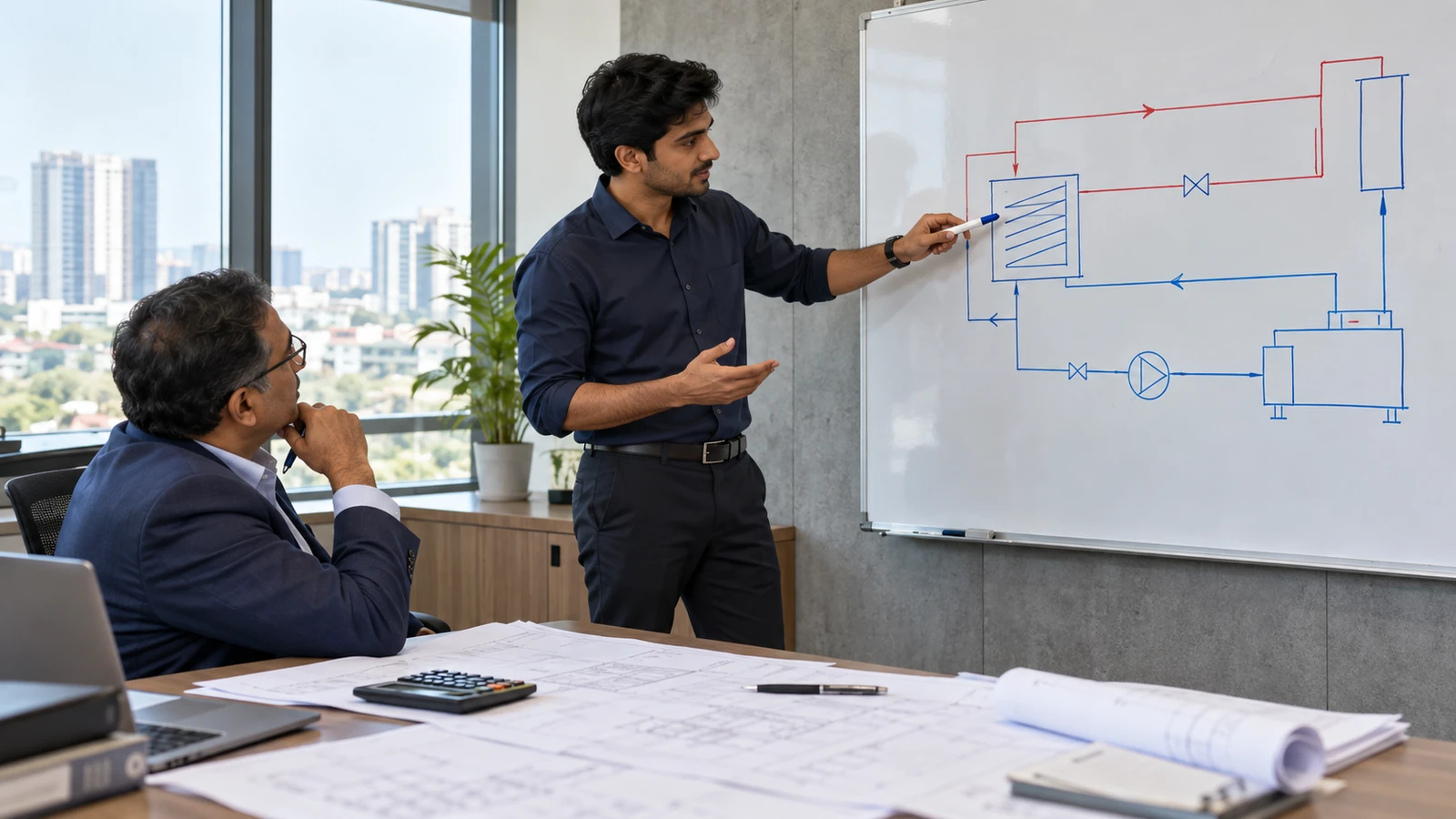 An illustrative interview scene: explain the system and be ready to work through its calculations.