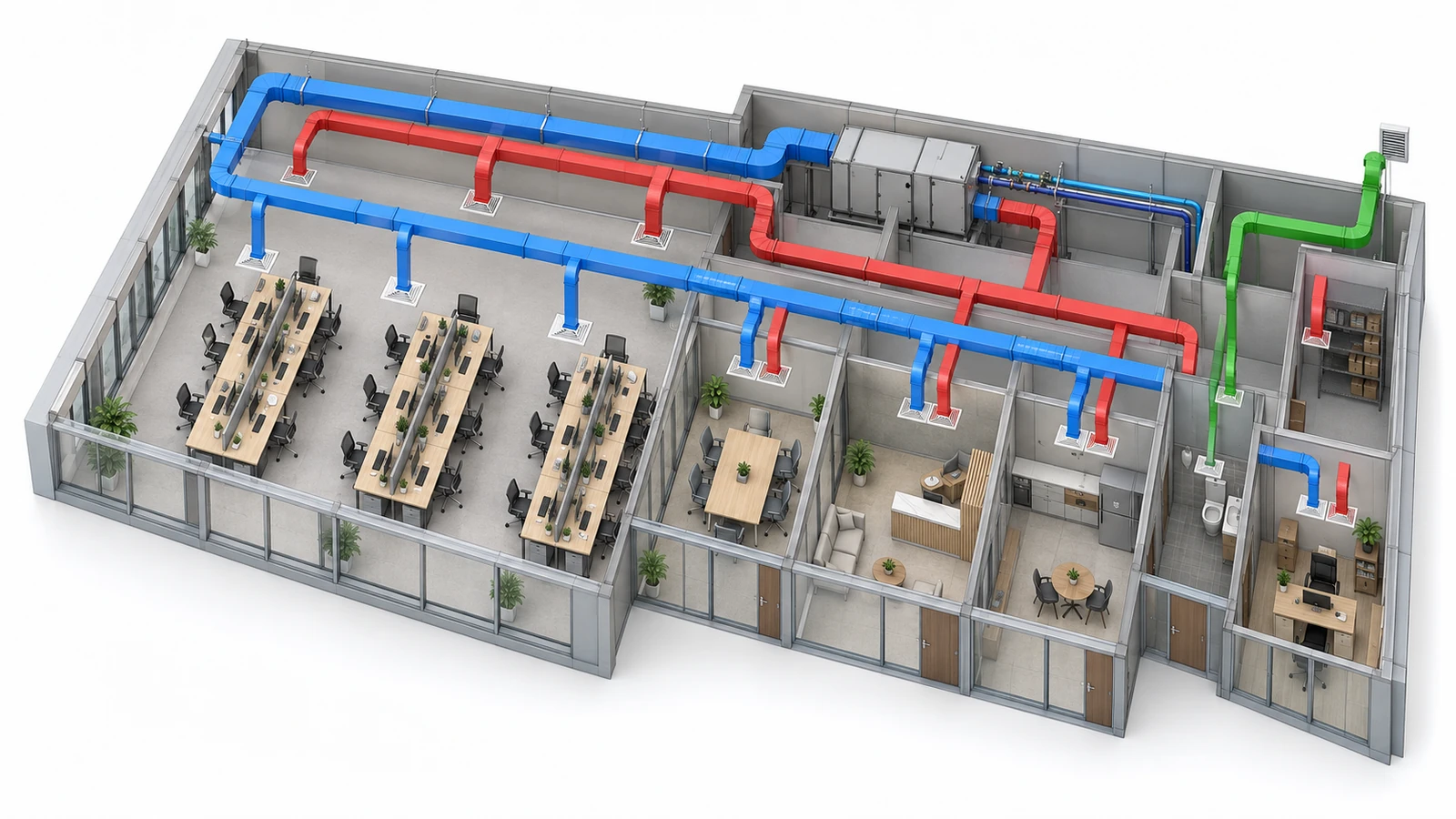 Conceptual visualization of the office MEP systems. Build your own model using the article’s room schedule and airflows.