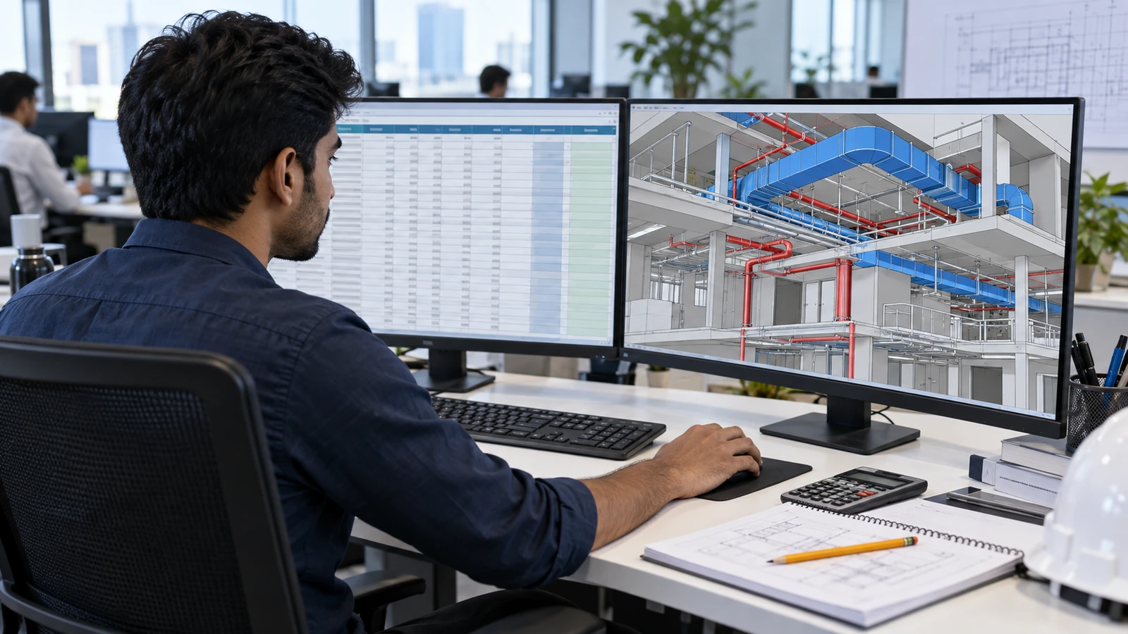 An illustrative design workstation: calculation on the left, the model it informs on the right.