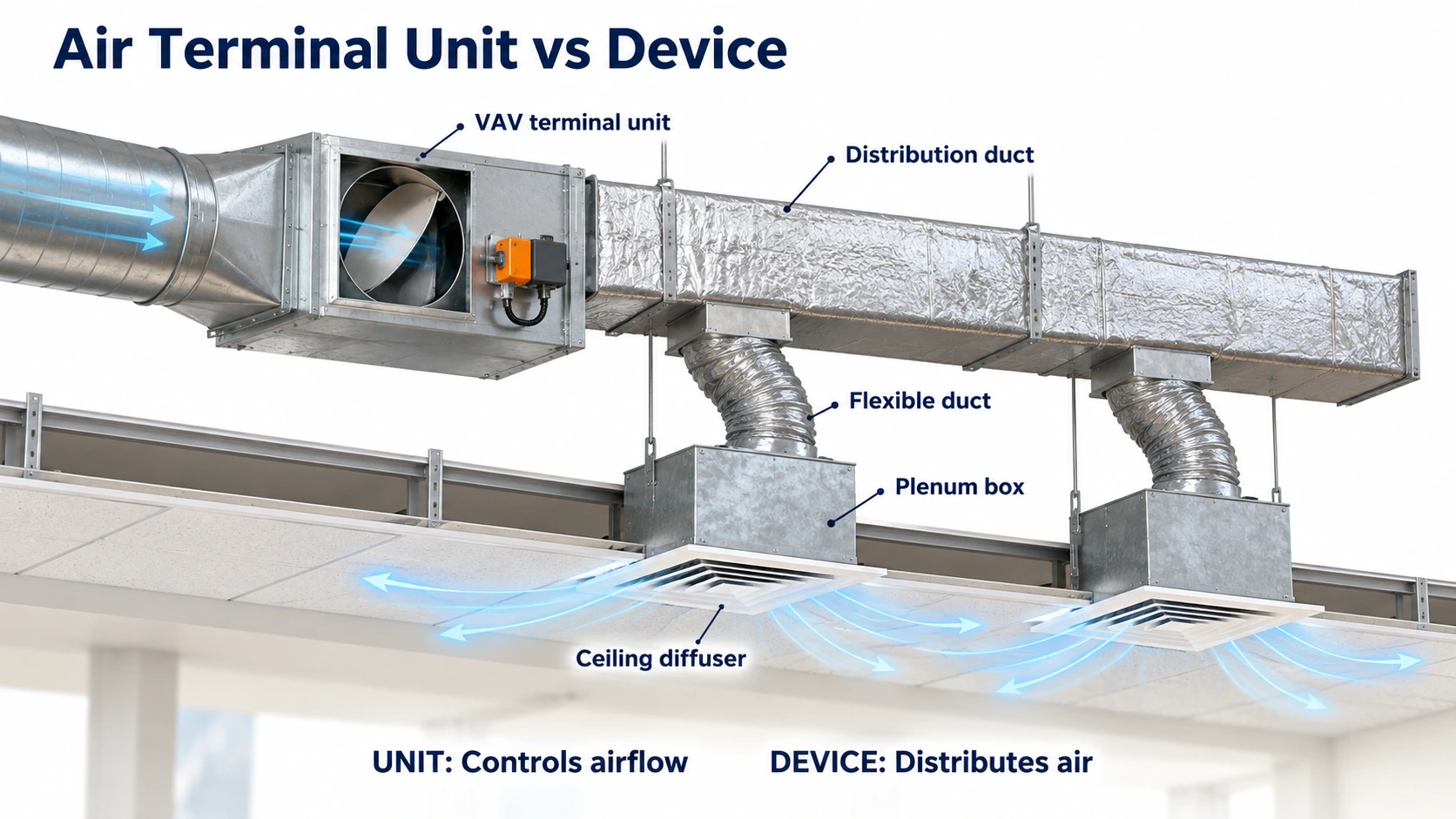 Air terminal unit above the ceiling and air terminal devices at the ceiling: a VAV unit controls airflow to downstream diffusers through distribution ducts, flexible connections and plenum boxes.
