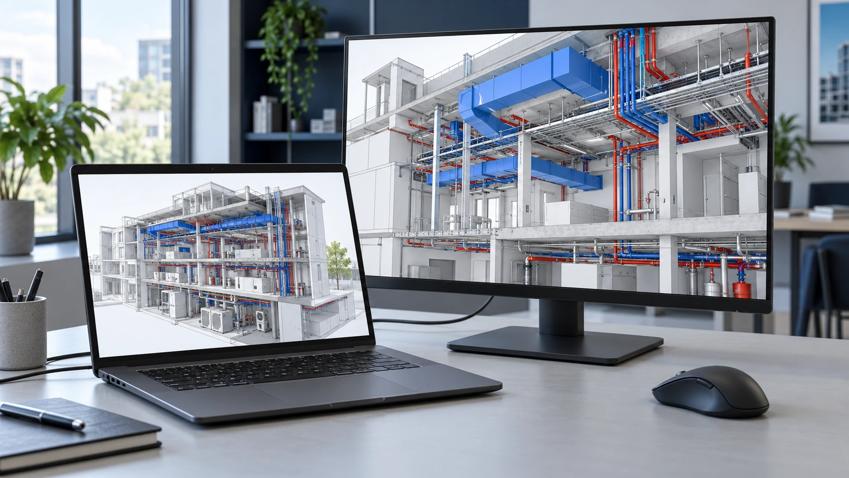 Laptop and external monitor displaying an illustrative MEP building model