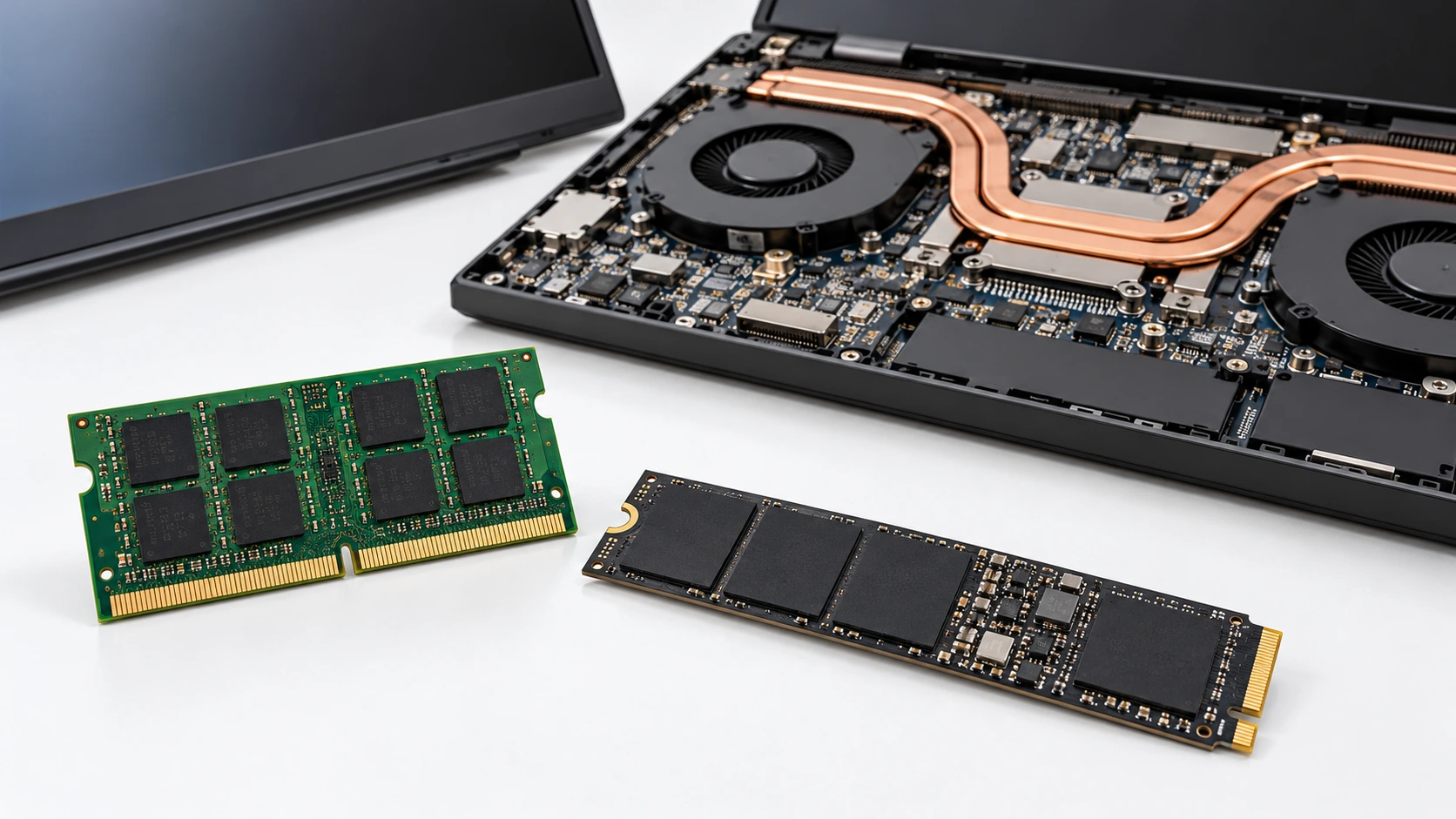 Laptop RAM module NVMe SSD and internal cooling assembly