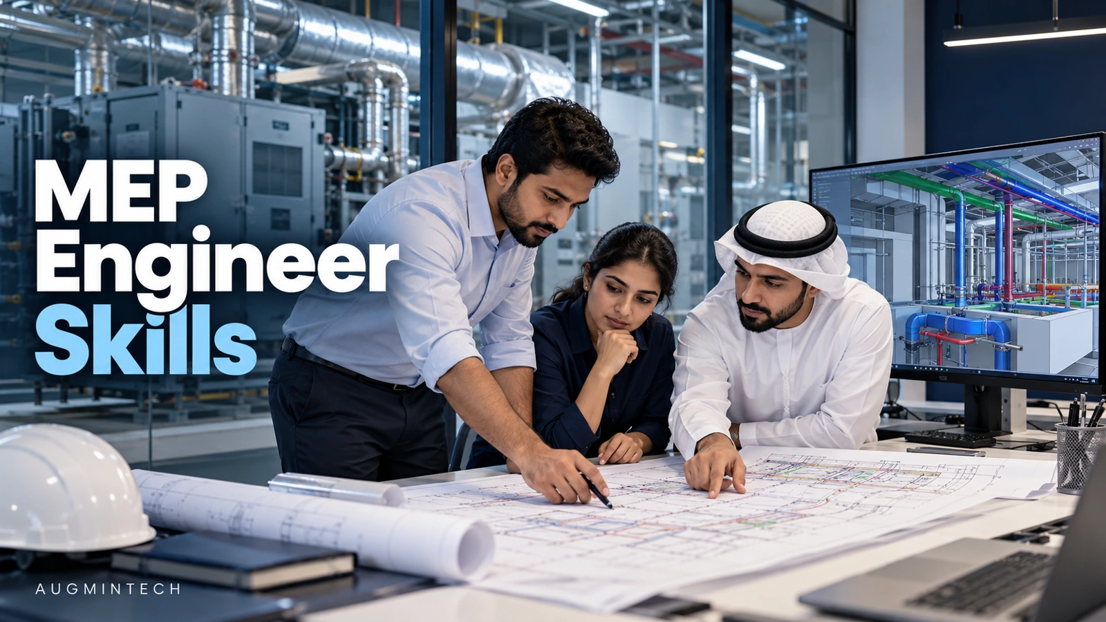 MEP engineers reviewing coordinated building-services drawings and a digital model