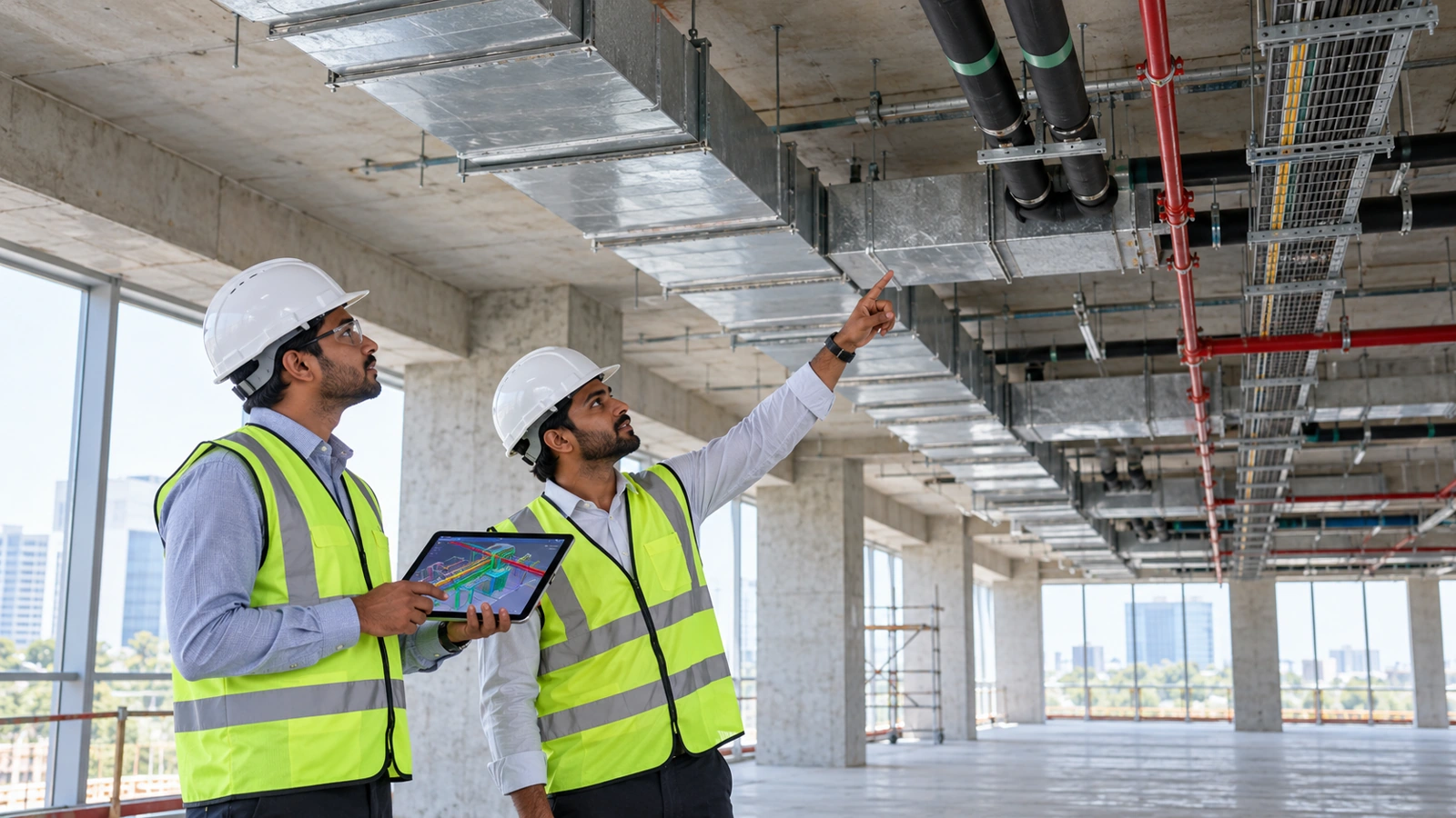 MEP engineers inspecting overhead ducts, pipes and cable trays against a coordinated model