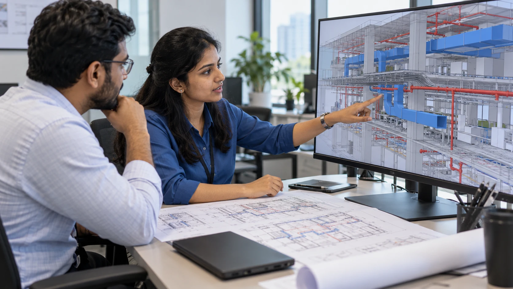 BIM engineer explaining an MEP coordination model during a technical interview