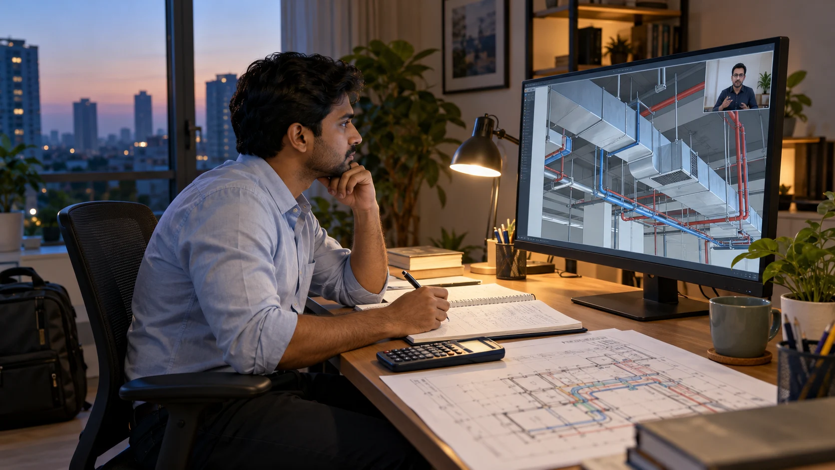 Working engineer attending an online MEP lesson at a home workstation after office hours