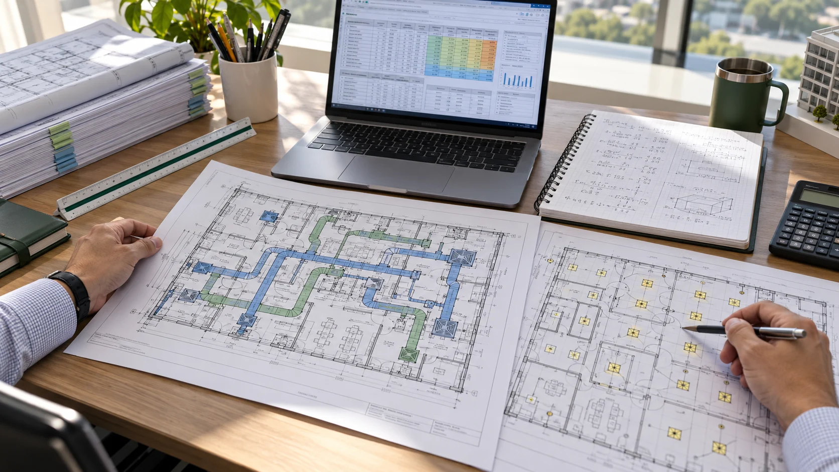 Engineer reviewing HVAC and electrical drawings alongside project calculations